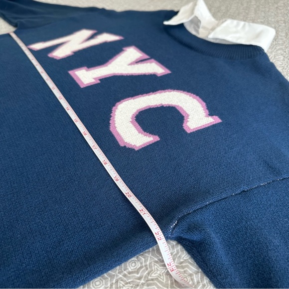 Maeve Anthropologie NYC Graphic Twofer Sweater Shirt Oversized Blue Size S - Picture 10 of 13